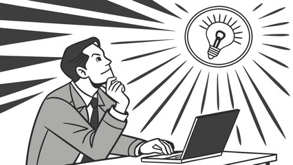 Businessman Contemplating Idea with Laptop and Lightbulb.