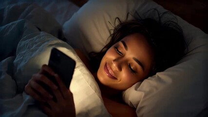 Person scrolling phone in bed with ambient screen glow and soft blanket texture