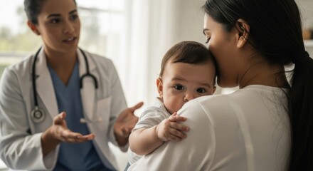 Fototapeta premium Doctor Woman Consulting with Mother and Baby in Medical Office