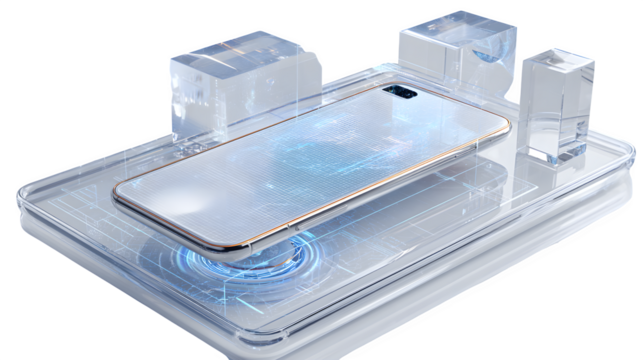 A transparent smartphone with futuristic holographic features, floating above a glass desk