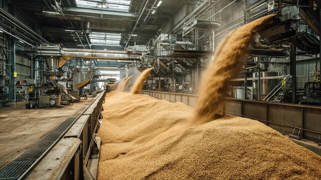 Modern grain processing factory with automated machinery and bulk cereal storage