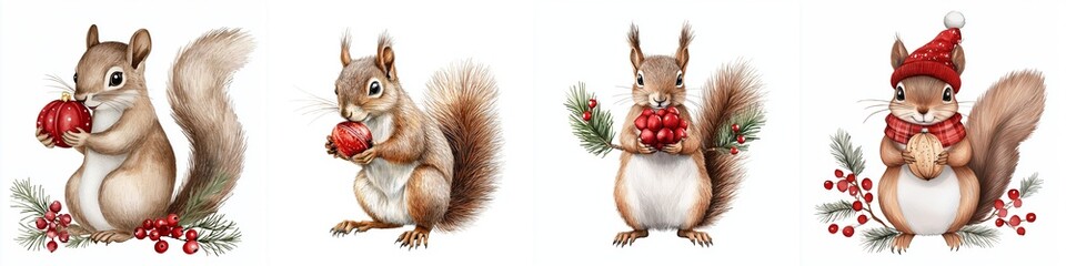 Squirrels holding festive items, celebrating holiday season with joy and cheer.