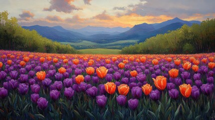 Colorful tulip field at dawn