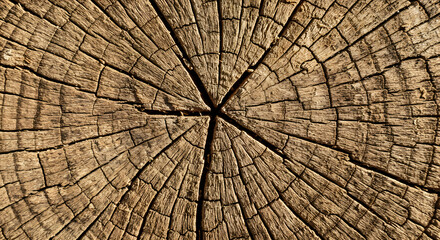 Fototapeta premium Close-up of a tree stump showing the growth rings and cracks radiating from the center.