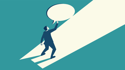 Obraz premium Businessman Reaching for Blank Speech Bubble on Incline.