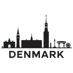 Vector Denmark skyline. Travel Denmark famous landmarks. Business and tourism concept for presentation, banner, web site. Vector black silhouette. with white background