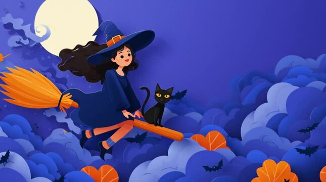 Young Witch Flying on Broom with Black Cat at Night, Purple and Blue Clouds, Paper Art Style