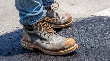 Close-up of worn work boots on fresh asphalt, indicating a construction or roadwork scene.