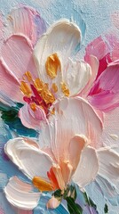 Abstract floral painting close-up. Soft pinks, whites, and light blues. Textured blooms