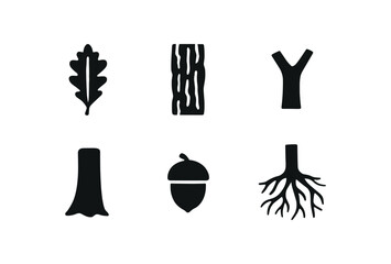 flat black solid icon items isolated on white background tree (oak): leaf bark branch trunk acorn root