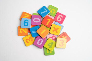 Number wood block cubes for learning Mathematic, education math.