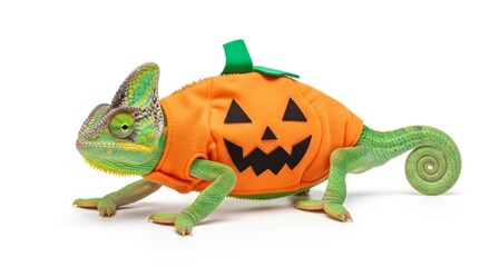Obraz premium chameleon dressed as a pumpkin jack-o-lantern Halloween costume, celebration