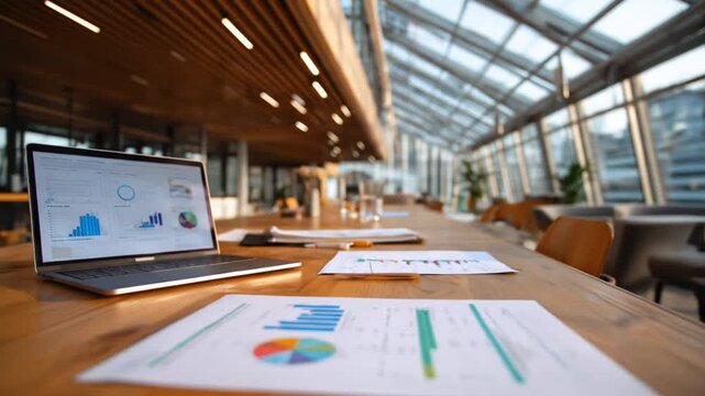 A modern laptop displaying financial charts sits on a wooden conference table overlooking a city.