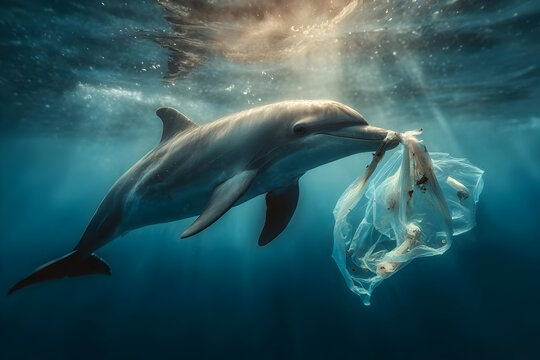 A dolphin swimming underwater with a piece of plastic, showcasing the impact of pollution on marine life and the urgent need for ocean conservation.
