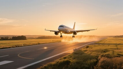 Passenger Jet Airplane Landing on Runway at Sunset with Bright Sky and Open Fields