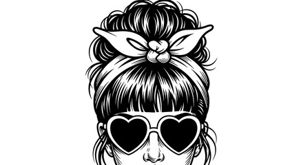 Black and White Illustration of a Woman with Messy Bun and Heart Sunglasses female girl