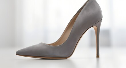 a silver, pointed-toe high heel shoe