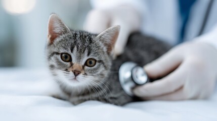 A close-up of a cute gray kitten being examined by a veterinarian. The cat looks calm and curious. This image captures compassion and care in veterinary medicine. AI