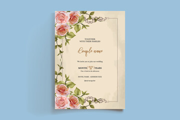 WEDDING INVITATION FRAME WITH FLOWER DECORATIONS AND FRESH LEAVES