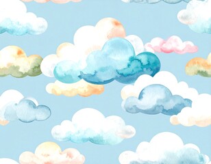 Watercolor clouds pattern on a light blue sky