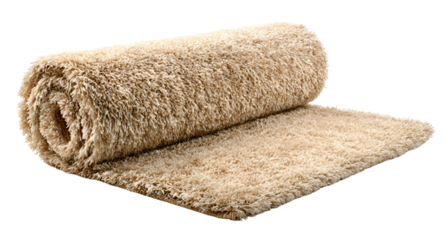 Soft Beige Shag Rug Rolled Partially Unfurled