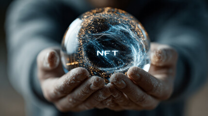 Person holding crystal ball with swirling NFTs inside, symbolizing digital art and blockchain technology. image conveys sense of mystery and innovation