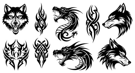 Collection of Black Tribal Wolf and Dragon Tattoo Designs wolf head dragon head © Digital Art