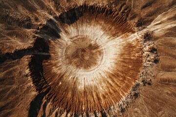 Aerial view of a dormant volcano crater, desert landscape background.  Possible use Nature, science, travel