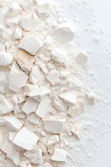 White Powder Texture. Pile of White Chunks and Fine Grains. Abstract Background of Crushed Material. Mineral Fragments on Light Surface.