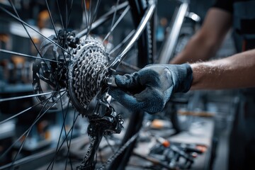 Obraz premium close - up of the male mechanic working in the bicycle repair shop, mechanic repairing bike using a special tool, wearing protective gloves. Bike Maintenance Concept