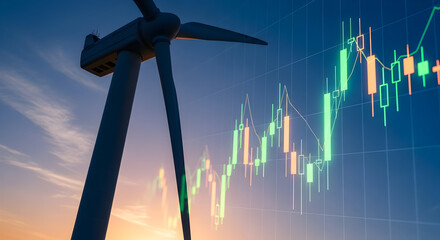 Dynamic wind turbine powers financial growth with upward trending stock market data overlay