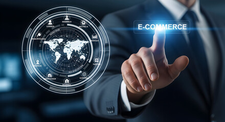 Businessman engages with global e-commerce interface, driving digital business growth and connectivity worldwide.