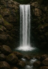Obraz premium Majestic waterfall amidst rocky landscape.