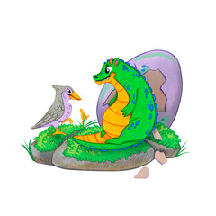 Green dragon with yellow belly sits on green grass beside a grey bird and a large purple cracked egg on stones. Watercolor illustration friends. Suitable for children products, fantasy books, posters.