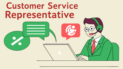 Cartoon Customer Service Representative Working on Laptop.
