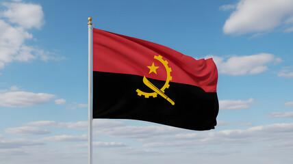 Angola's vibrant national flag waving proudly against a bright blue sky, showcasing unity and strength on a clear, breezy day