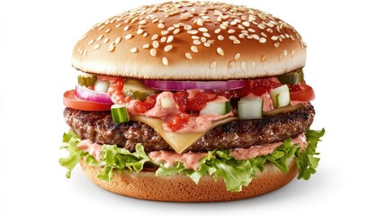 Gourmet sesame seed burger with juicy beef patty, dressed with classic toppings and captured in full flavor