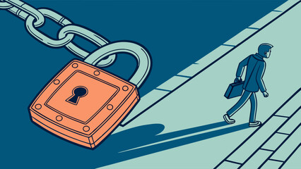 Illustration of a Large Padlock and Chain with a Businessman Walking Away.