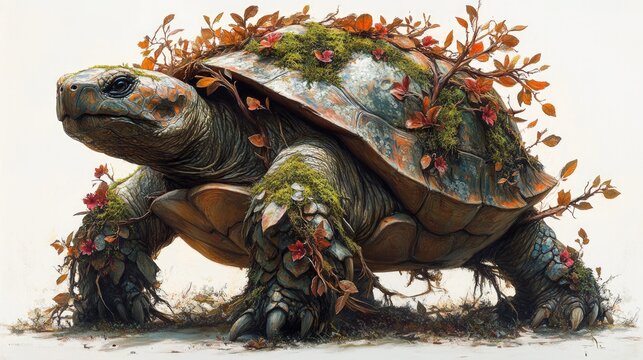 Majestic turtle adorned with flora