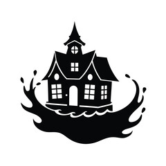 Vector art of a black silhouette icon of a spooky haunted house with a pointed roof and splashing water elements, for halloween