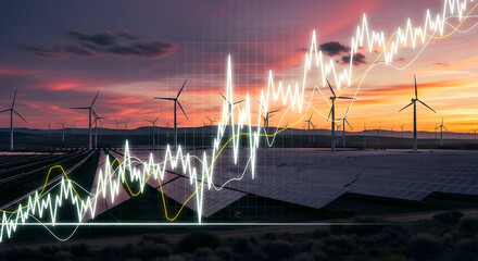 Sustainable energy growth charts over solar farm and wind turbines at sunset