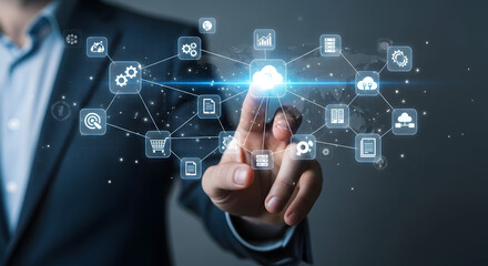 Confident businessman interacting with a glowing cloud network interface in a modern digital world