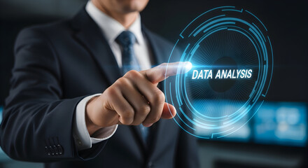 Professional businessman engages with futuristic data analysis interface, driving business insights.