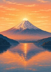 Sunset over serene mountain reflection.