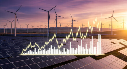 Renewable energy growth visualized with solar panels and wind turbines against a vibrant sunset sky
