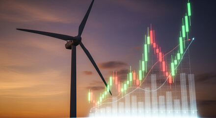 Wind turbine growth success with positive stock market investment trend at sunset