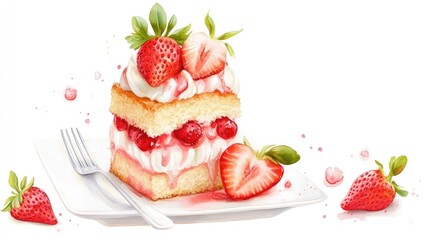 Plated strawberry shortcake with cream swirl and glossy red berry, styled on crisp white background