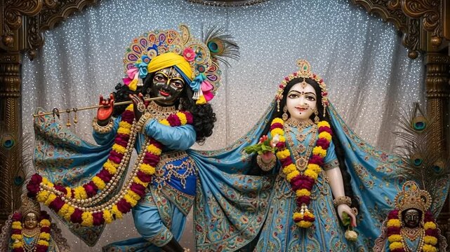 Ornate Hindu Deities Krishna and Radha in Turquoise Clothing with Peacock Feather Decorations and Garland Against a Silver Backdrop