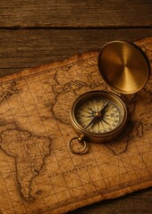 Vintage compass on ancient map.