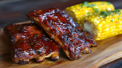 Juicy barbecue ribs with sauce and grilled corn &ndash; close-up food background
